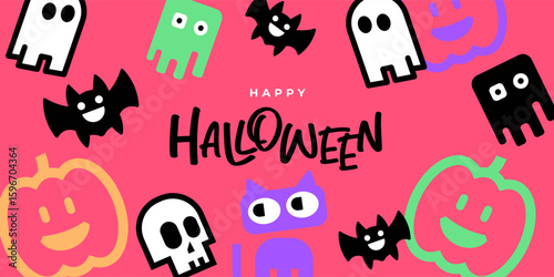Happy Halloween cute and bright vector flat geometric cartoon card or web banner with bats, pumpkins, ghosts, cat. Halloween design for promo, decoration, ads, greetings, label, poster, cover, print