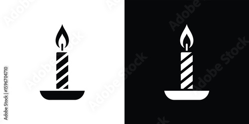 Burning Candle Silhouette on Holder, Flame Icon, Striped Texture, on White and Black