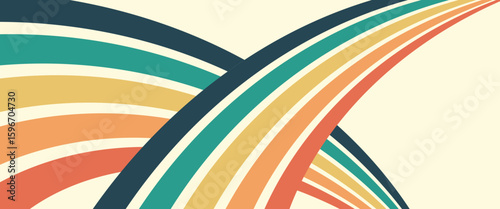 Abstract colorful 70s background vector. Vintage retro wallpaper with rainbow stripes and wavy lines.