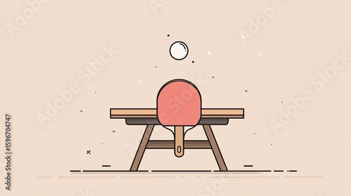 Minimalist Ping Pong Illustration: Red Paddle and White Ball on Wooden Table