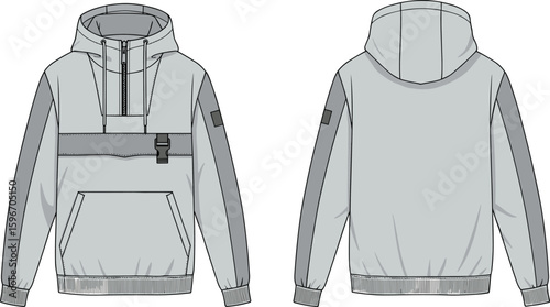 CAD drawing flat vector illustration of men’s streetwear-style hooded pullover with front buckle, contrast panels, and kangaroo pocket