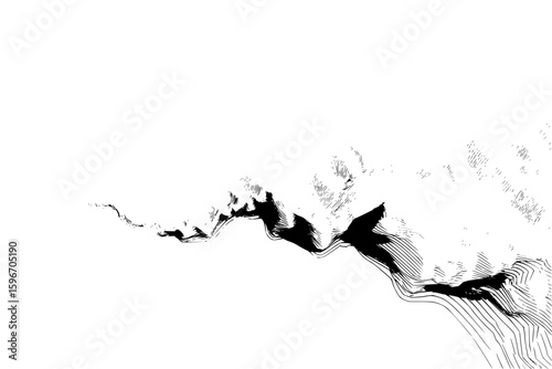 Abstract representation of a crack or fissure with textured shading and contour lines in black and white