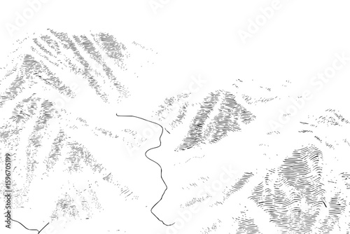 Illustration of a landscape with rolling hills and a winding line representing a path or river view