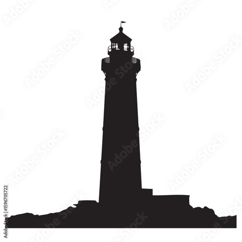 Vector art of a tall lighthouse stands silhouetted against the sky, isolated on white background