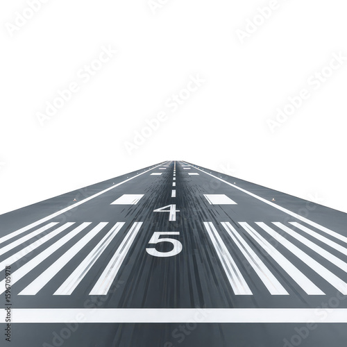 View of airport runway with number 45 and white stripes isolated on transparent background