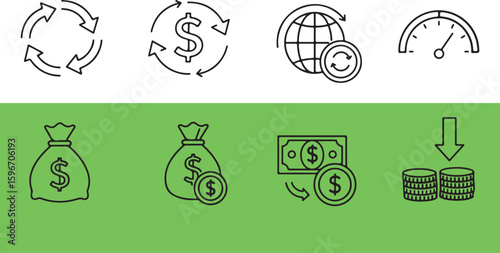 Set of black finance and business icons money dollar