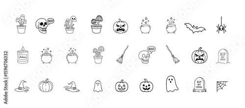 collection of doodle style halloween icon likely part of an icon pack or set of illustration skulls and various halloween element