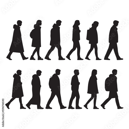 Vector art of silhouettes of people walking in different directions isolated on white background