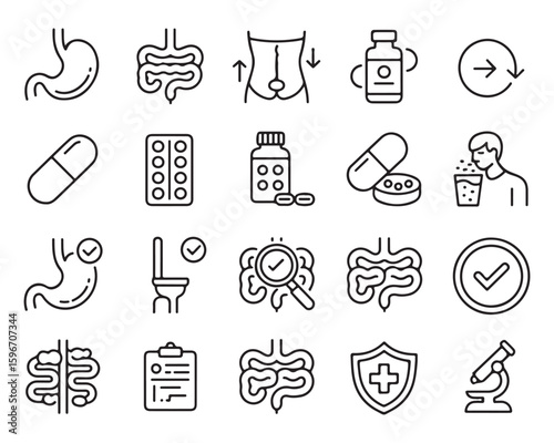 Medical icons of stomach intestines pills and microscope