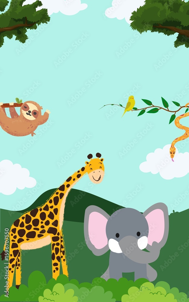 Naklejka premium Blue and Green Illustrative Animal Story Book Cover 