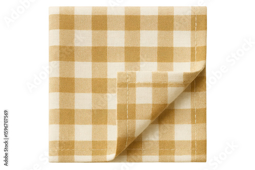 Yellow and white checkered cloth napkin folded for dining on a transparent background