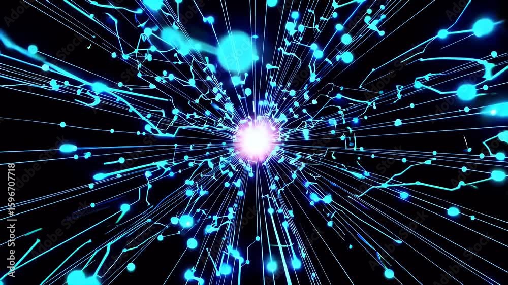 fast flowing stream electric blue dots moving along curved digital pathways simulating data flow futuristic environment captured high resolution 4k technology