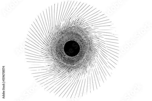 Abstract spiral design with radiating lines converging towards a central black circle shape in white space