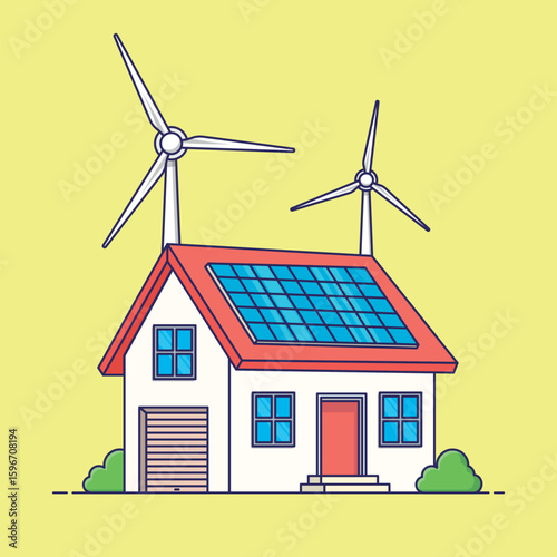 Eco-Friendly Home with Solar Panels and Wind Turbines Sustainable Living and Renewable Energy for a Green House. Modern Architecture Powered by Clean Technology