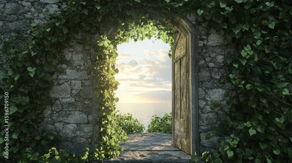 Fototapeta premium A weathered stone doorway framed by climbing ivy, opening onto a radiant expanse of sky and light