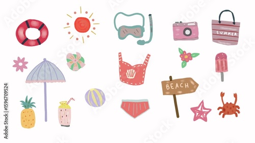 Hand-drawn summer animation with beach accessories, tropical fruits, ice cream, and vacation elements
