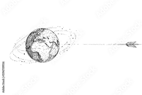 A sketch of planet earth surrounded by dotted rings with an arrow pointing towards it in black and white