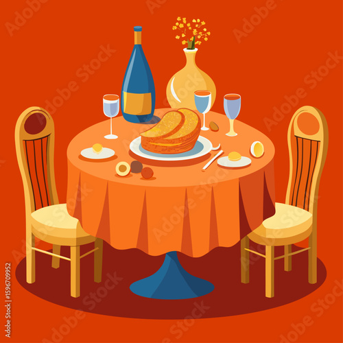 A romantic dinner for two with pancakes wine and flowers on a round table