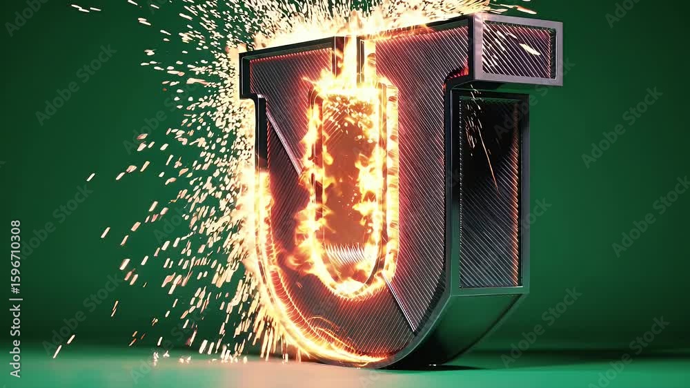 Present industrial coolness via vertical K metal letter “U” laser cut from glowing iron charred edges shimmering offering impactful logo stinger alphabet pack gritty title