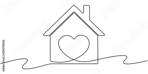 Heart inside house continuous one line drawn. Love home concept. Vector illustration isolated on white, Home Sweet Home Continuous Line Icon, Homeless Shelter, Sweet Home continuous line drawing. 