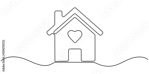Heart inside house continuous one line drawn. Love home concept. Vector illustration isolated on white, Home Sweet Home Continuous Line Icon, Homeless Shelter, Sweet Home continuous line drawing. 