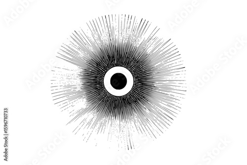 Circular abstract design with radiating lines and a central black dot on a white background image
