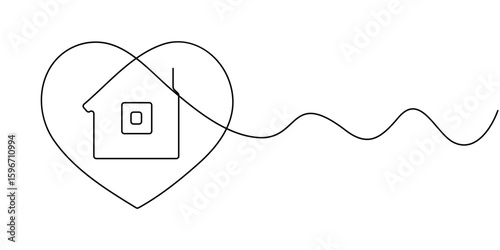 Heart inside house continuous one line drawn. Love home concept. Vector illustration isolated on white, Home Sweet Home Continuous Line Icon, Homeless Shelter, Sweet Home continuous line drawing. 