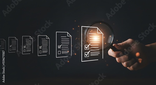 A hand is using a magnifying glass to inspect digital checklist icons, emphasizing verification and confirmation