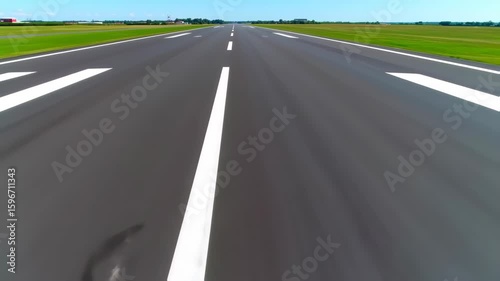 Empty airport runway with green fields