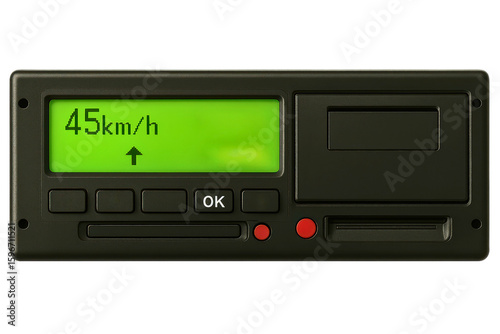Digital truck tachograph displaying vehicle speed on the screen on a transparent background