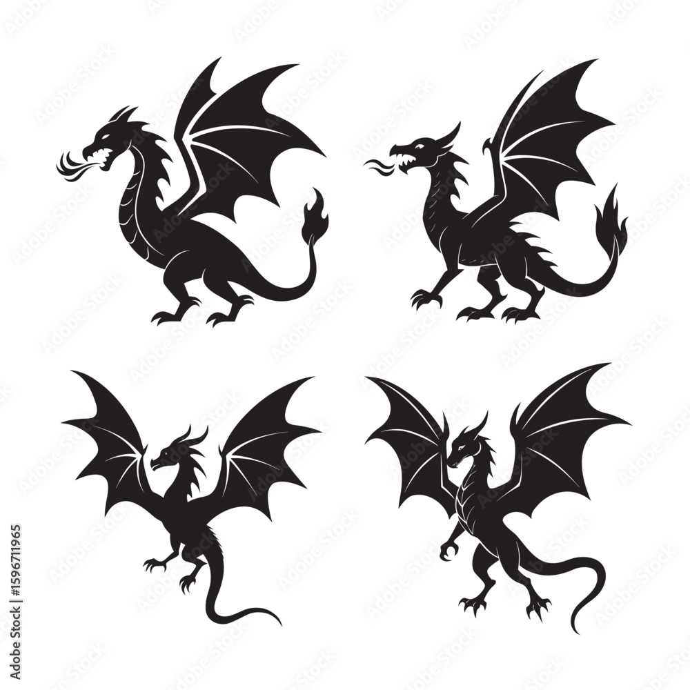 Obraz premium dragon breathing fire silhouette set bundle on the white background