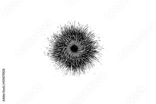 Abstract black and white radial burst pattern with a central dark circle on a plain background view