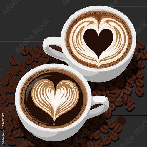 Two cups of coffee with heart-shaped latte art on a dark wood background with coffee beans