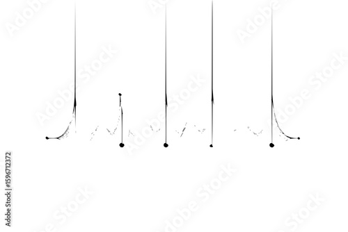 Abstract representation of five vertical lines with small circles at the bottom in black and white