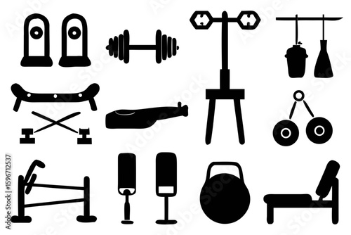 A clean and professional silhouette icon set showcasing essential gym machines and gear. Perfect for gym equipment catalogs, infographics, signage systems, or workout planners