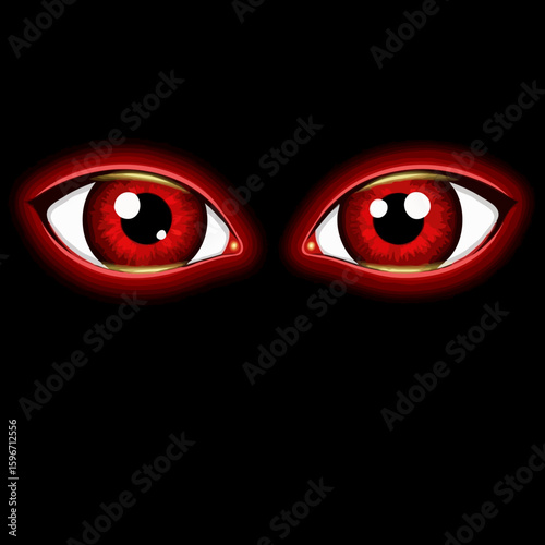 Glowing red evil eyes staring from a pitch-black background