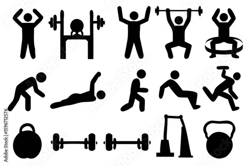 A dynamic set of high-impact silhouette icons capturing the energy and movement of functional training. Ideal for gym branding, workout apps, CrossFit merchandise, and health infographics that demand 
