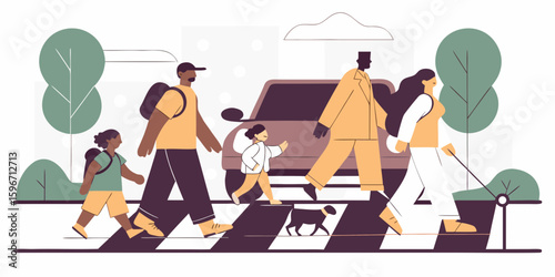 Pedestrian crossing street people family safety crosswalk urban walking road traffic awareness city life