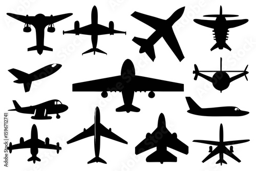A smooth, aerodynamic set of aircraft silhouette icons for airline branding, aviation websites, pilot training guides, and travel infographics