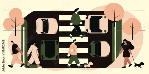 Illustration of pedestrian crossing with people walking and cars waiting urban scene city life street scene  100