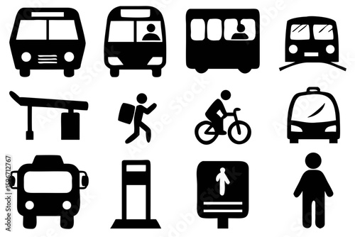A streamlined set of silhouette icons representing metro systems, buses, eco-mobility, and ride-sharing. Ideal for urban planning, transport apps, city signage, and route diagrams
