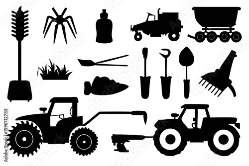 A robust collection of silhouettes showcasing essential farm machinery and tools used in today’s agriculture. Ideal for agri-tech companies, farm supply branding, educational posters, and harvest-them