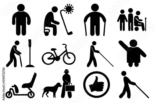 A respectful and inclusive icon set highlighting mobility aids, disability representation, and accessibility tools. Ideal for inclusive design, healthcare facilities, signage systems, and awareness ca