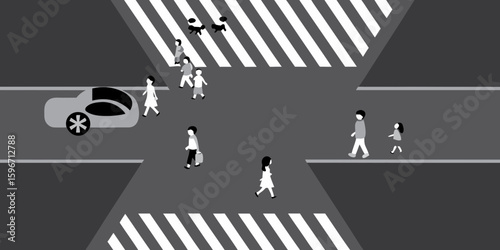 Illustration of crosswalk pedestrian safety street crossing with car and people walking traffic safety concept