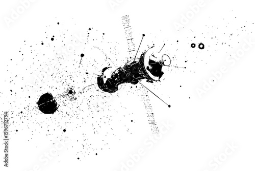 A black and white illustration of a satellite with solar panels and space debris in the background