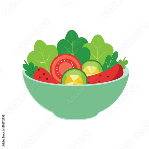 Healthy fresh vegetable salad with tomatoes, cucumber, and greens, isolated on white for food designs.