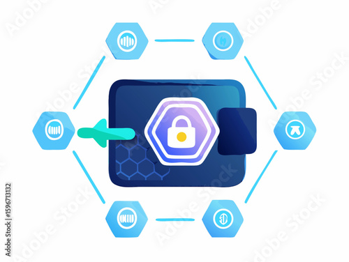 Web3 Login Icon Vector, Fingerprint With Blockchain Nodes, Glowing Wallet Access Design