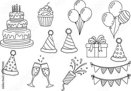 Black and white birthday celebration vector elements including cake balloons confetti party hats