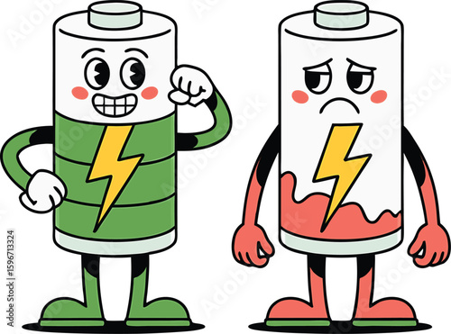 Cartoon batteries with full and low charge illustrating energy power and depletion concept