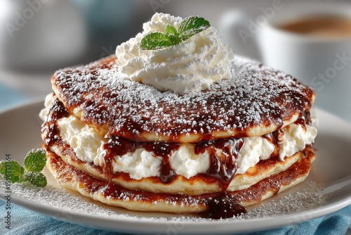 Delicious Stack of Chocolate Pancakes Topped with Whipped Cream and Mint Garnish